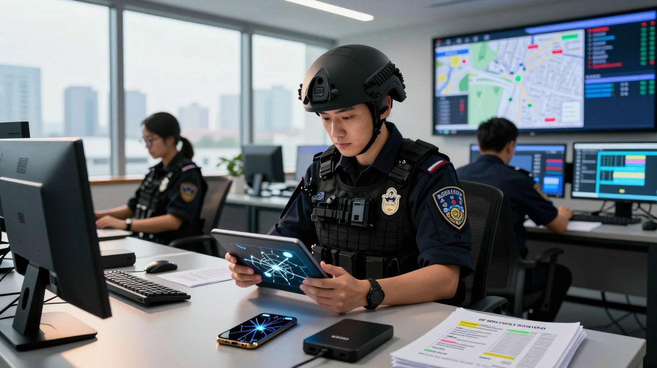 Polícia de uniforme e capacete a usar tablet digital numa sala de controlo com ecrãs de monitorização.