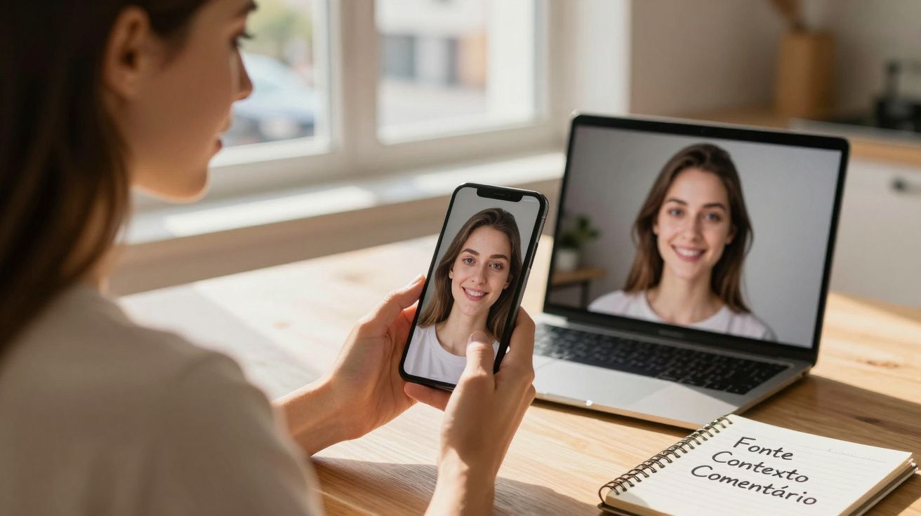 Mulher numa videochamada, segurando telemóvel com o seu rosto, computador aberto e caderno com notas na mesa.