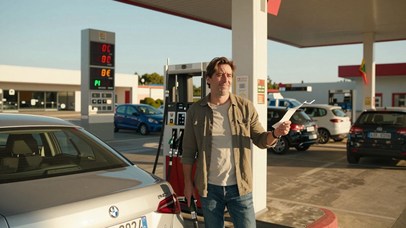 Homem com expressão preocupada segurando fatura junto a carro numa bomba de gasolina ao pôr do sol.