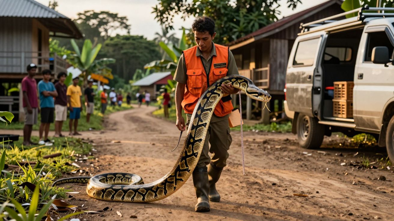 Homem com colete laranja transporta uma grande cobra num caminho de terra numa aldeia com várias pessoas ao redor.