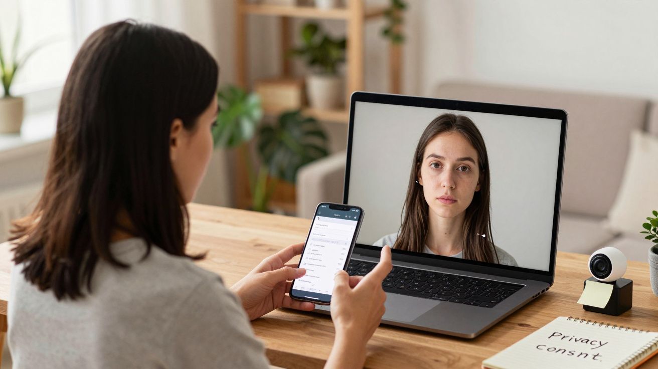 Mulher com telemóvel numa videochamada com outra mulher no laptop numa mesa de madeira.