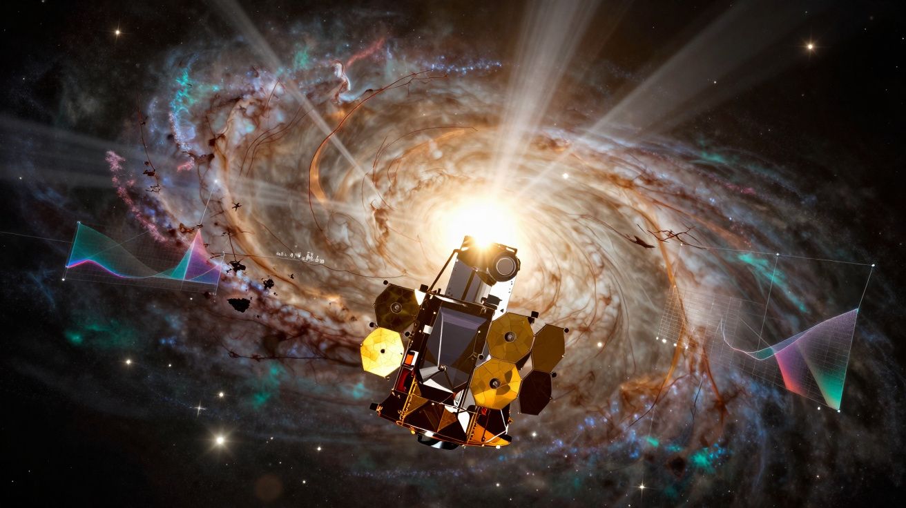 Nave espacial a explorar uma galáxia brilhante com padrões coloridos e luzes em fundo escuro do espaço.