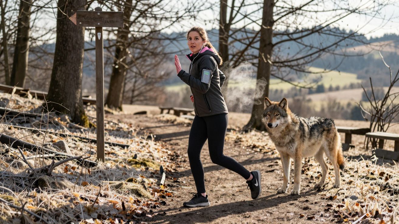 Mulher a correr numa floresta fria, surpreendida por um lobo atrás dela durante manhã nevoenta.