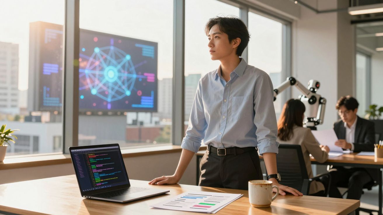 Pessoa de negócios de pé junto a secretária com computador portátil e gráficos, olhando pela janela numa sala de escritório m