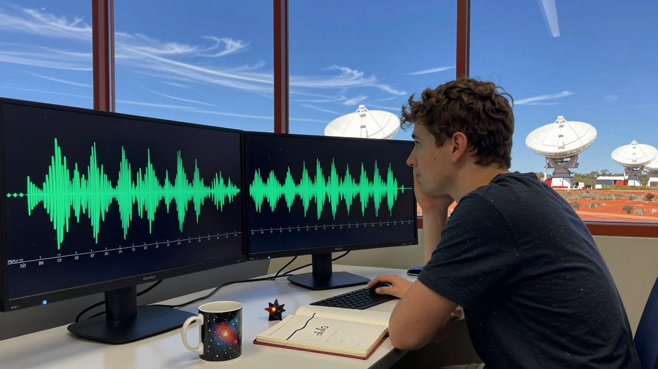 Homem sentado a analisar ondas sonoras em dois ecrãs com antenas parabólicas visíveis através da janela.