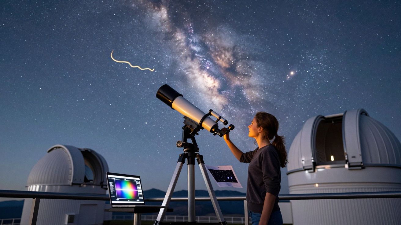 Mulher observa o céu estrelado com telescópio numa plataforma de observatório astronómico à noite.
