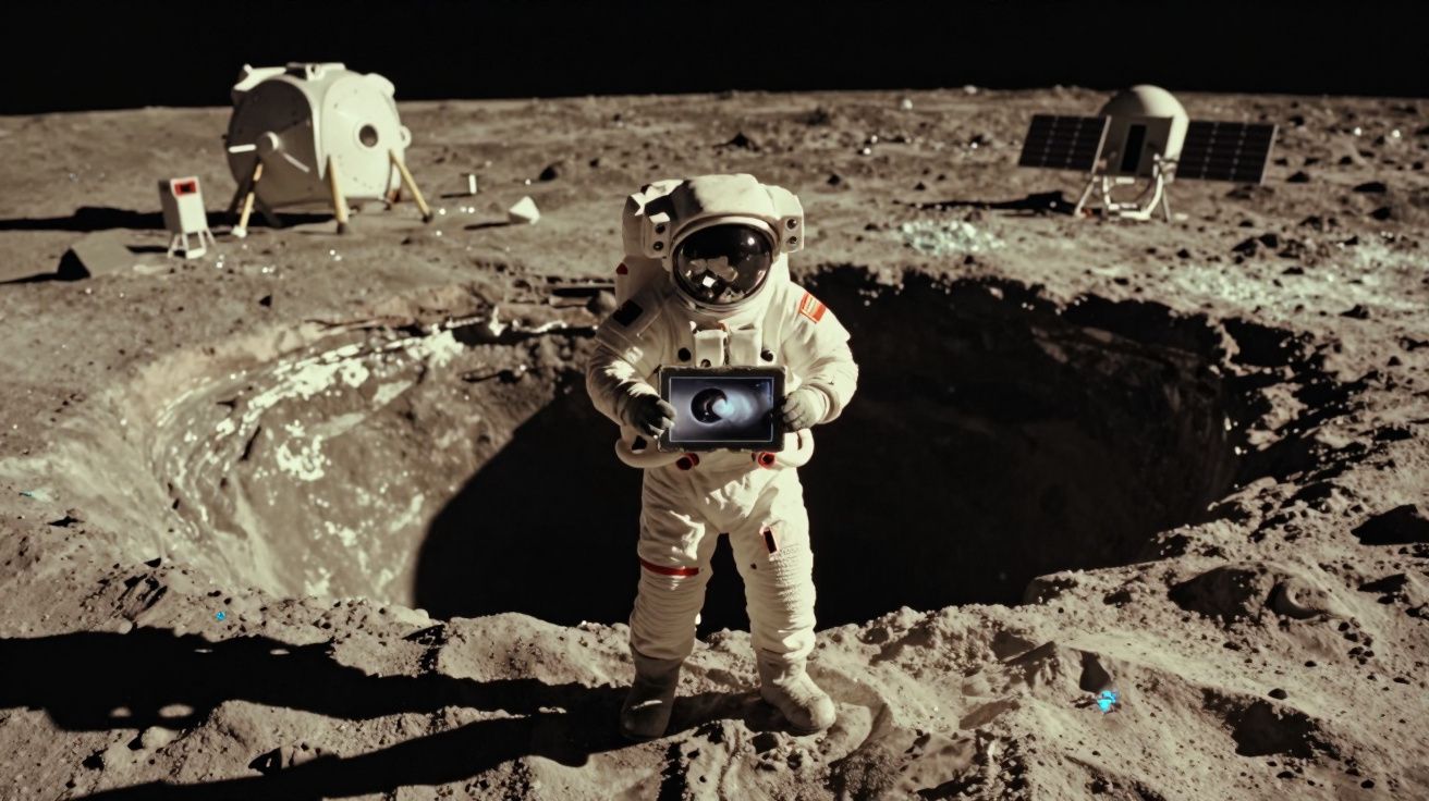Astronauta em fato espacial na superfície lunar, segurando tablet, com crateras e módulos ao fundo.