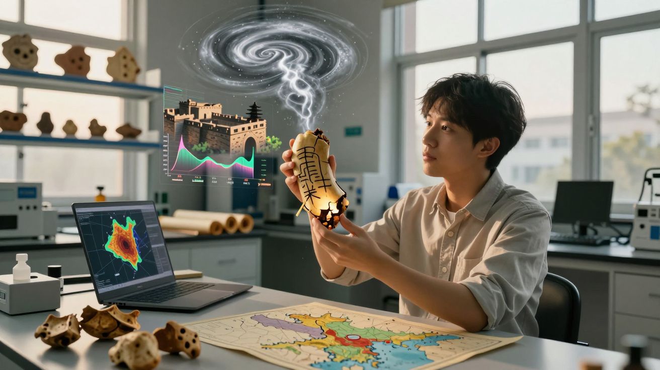 Jovem em laboratório analisa ossos fósseis com hologramas de castelo e mapas coloridos sobre a mesa.