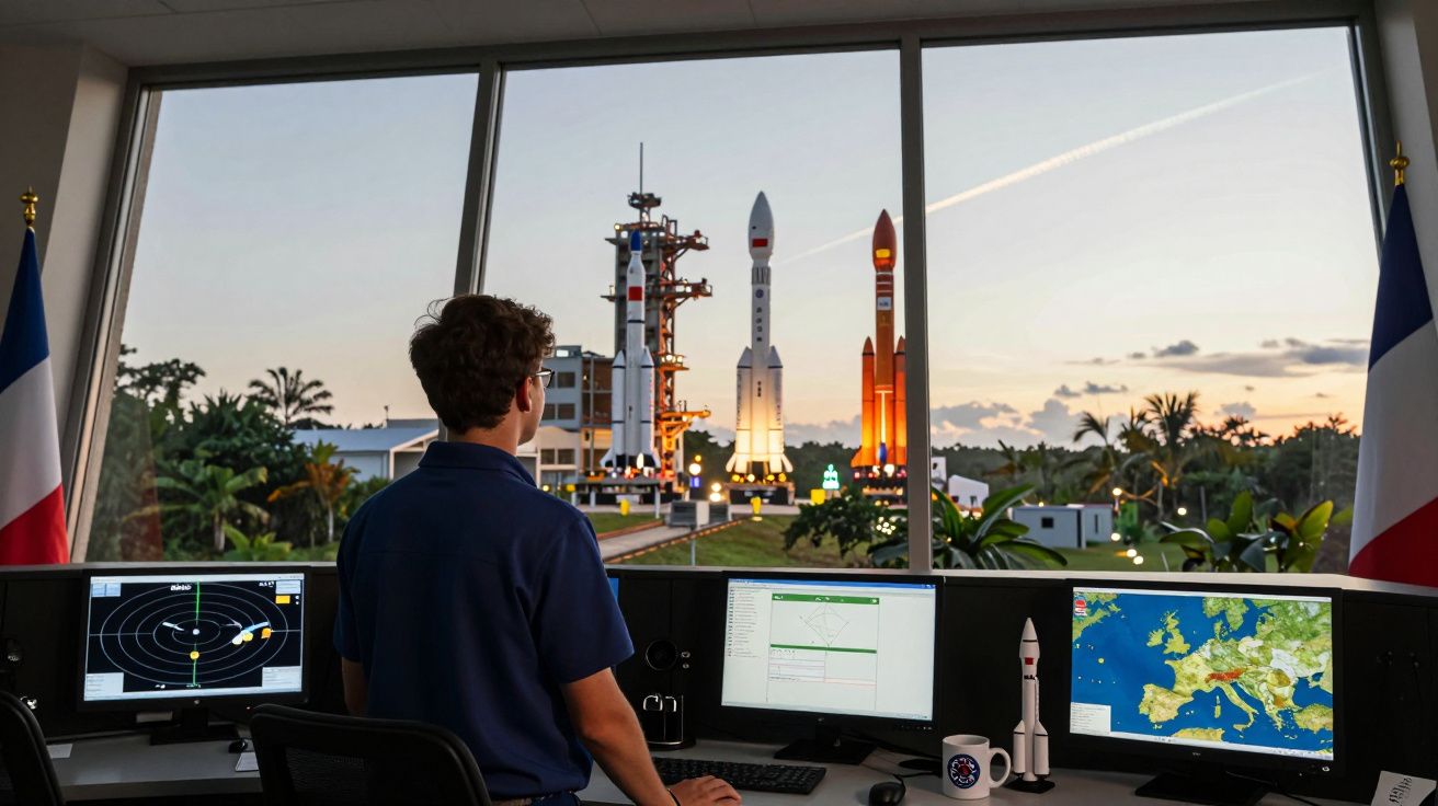 Homem observa modelo de foguetões através de janela grande numa sala de controlo com monitores e bandeiras de França.