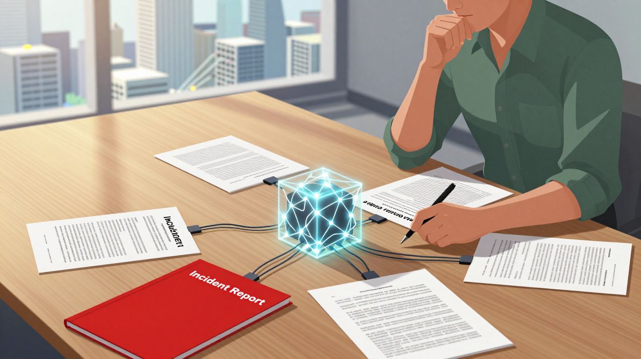 Pessoa a analisar documentos ligados a um cubo tecnológico luminoso numa mesa de escritório.