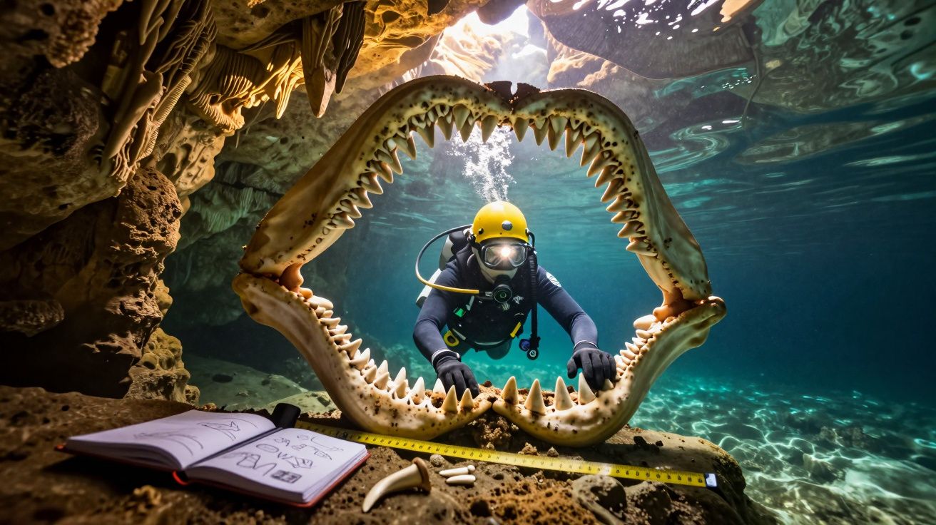 Mergulhador com fato de neoprene e capacete amarelo observa mandíbula de tubarão subaquática em gruta marinha.