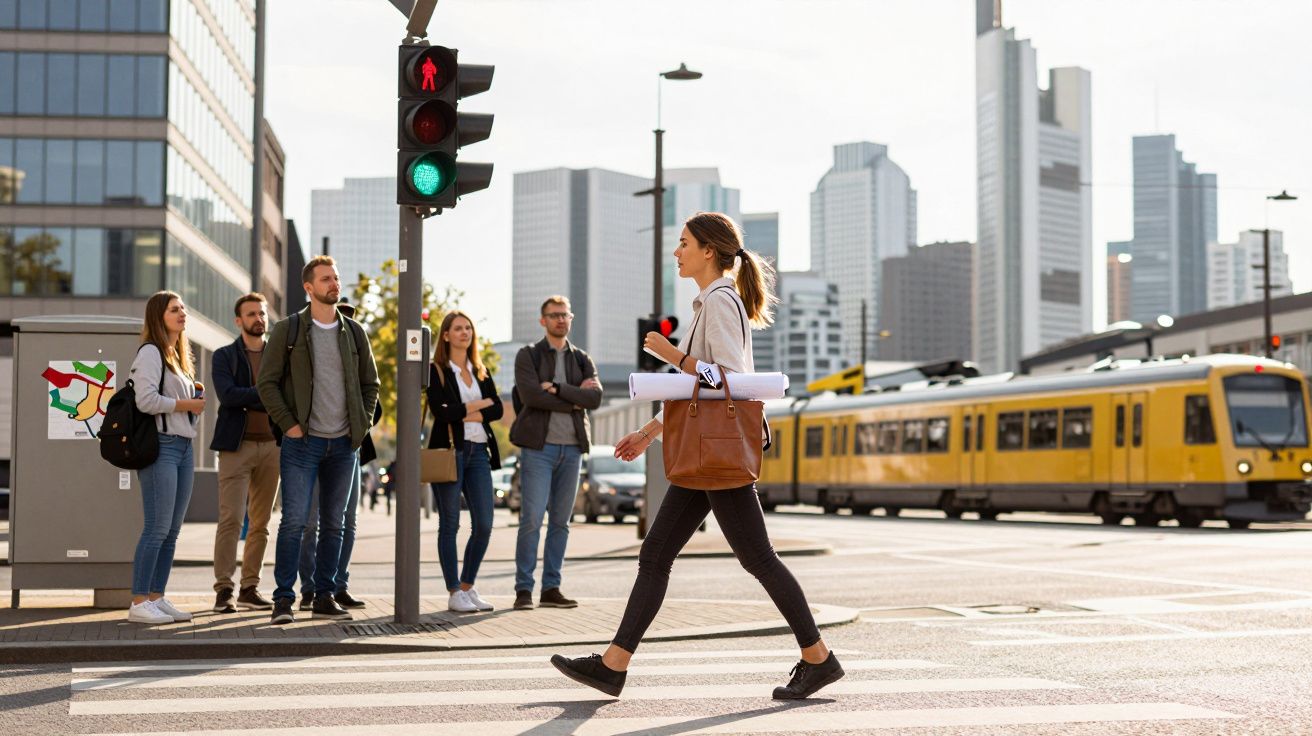 Mulher a atravessar passadeira no sinal verde enquanto um grupo espera em zona urbana com comboio amarelo ao fundo.