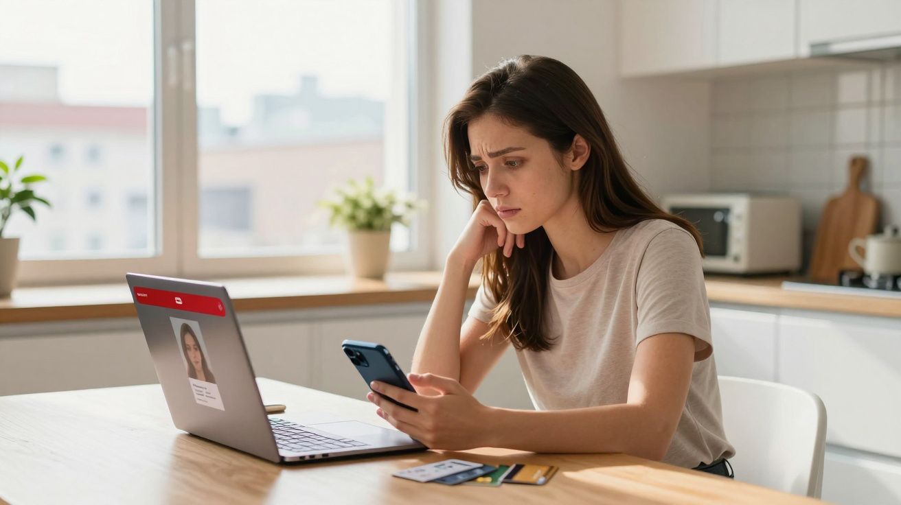Mulher preocupada sentada à mesa com telemóvel e computador portátil aberto numa cozinha moderna.