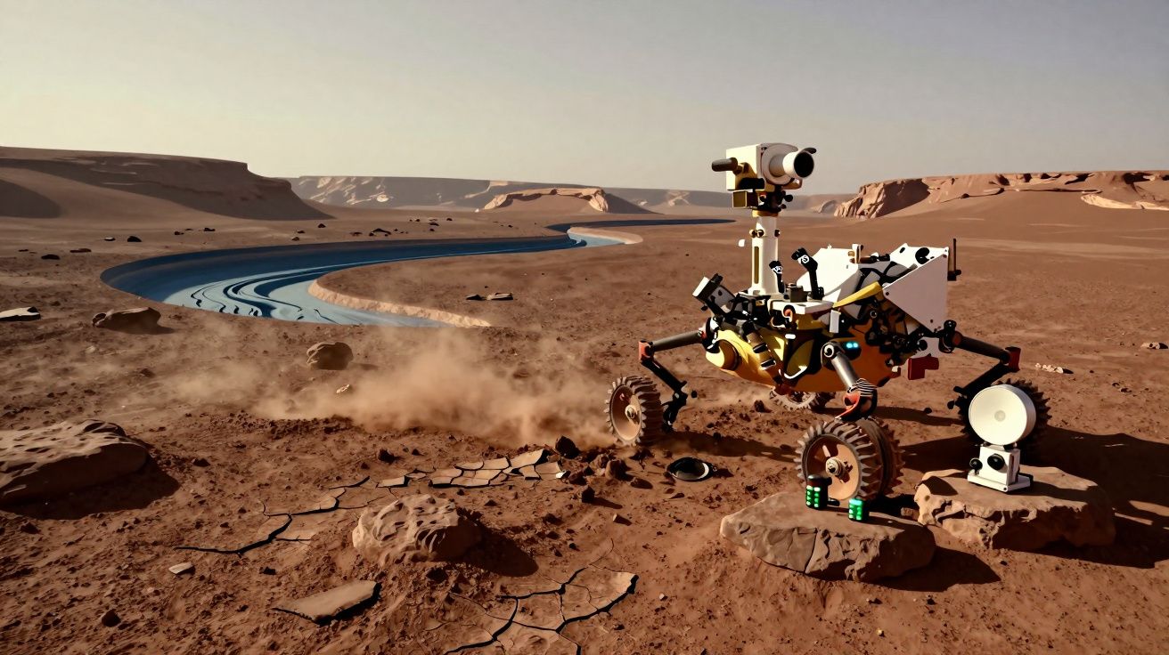 Rover a explorar a superfície árida e rochosa de Marte junto a um leito de rio seco.