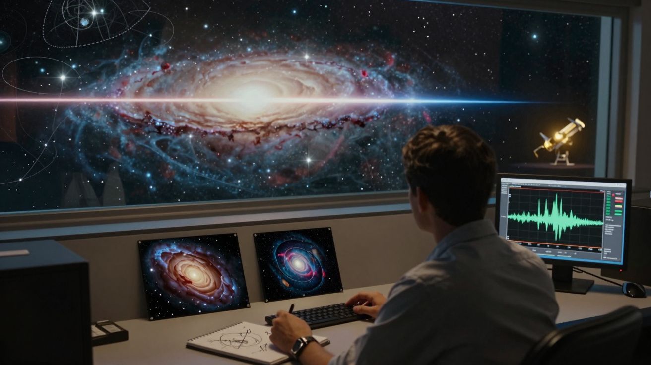 Homem a estudar imagens e dados de galáxias numa estação de trabalho com janela para o espaço.