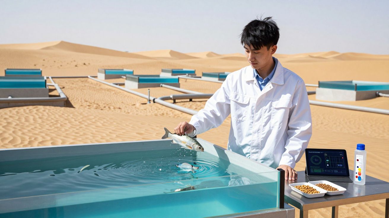 Homem com bata branca a segurar um peixe sobre tanque de água num ambiente desértico com tanques e equipamento tecnológico.