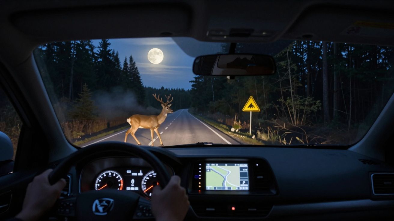 Vista nocturna de dentro de um carro a parar devido a um veado a atravessar a estrada numa floresta.