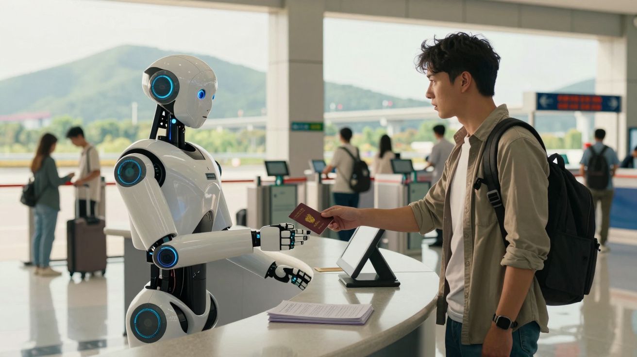 Homem entrega passaporte a robô na área de check-in de um aeroporto moderno.