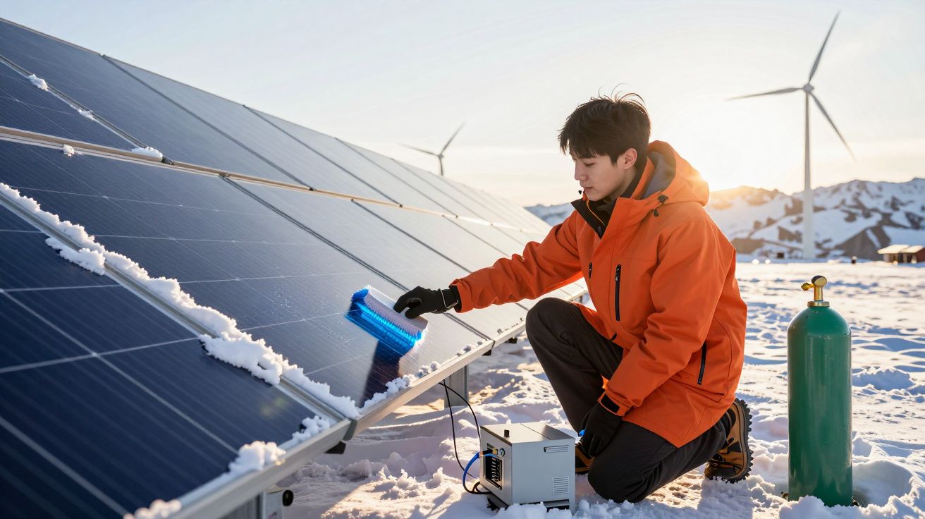 Pessoa a limpar painéis solares cobertos de neve num campo com turbinas eólicas ao fundo.