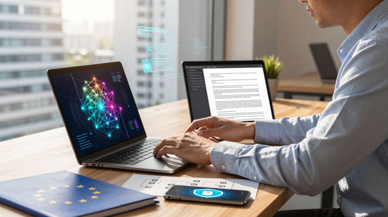 Homem a trabalhar em laptop com gráficos digitais, documentos e smartphone com ícone de segurança na mesa.