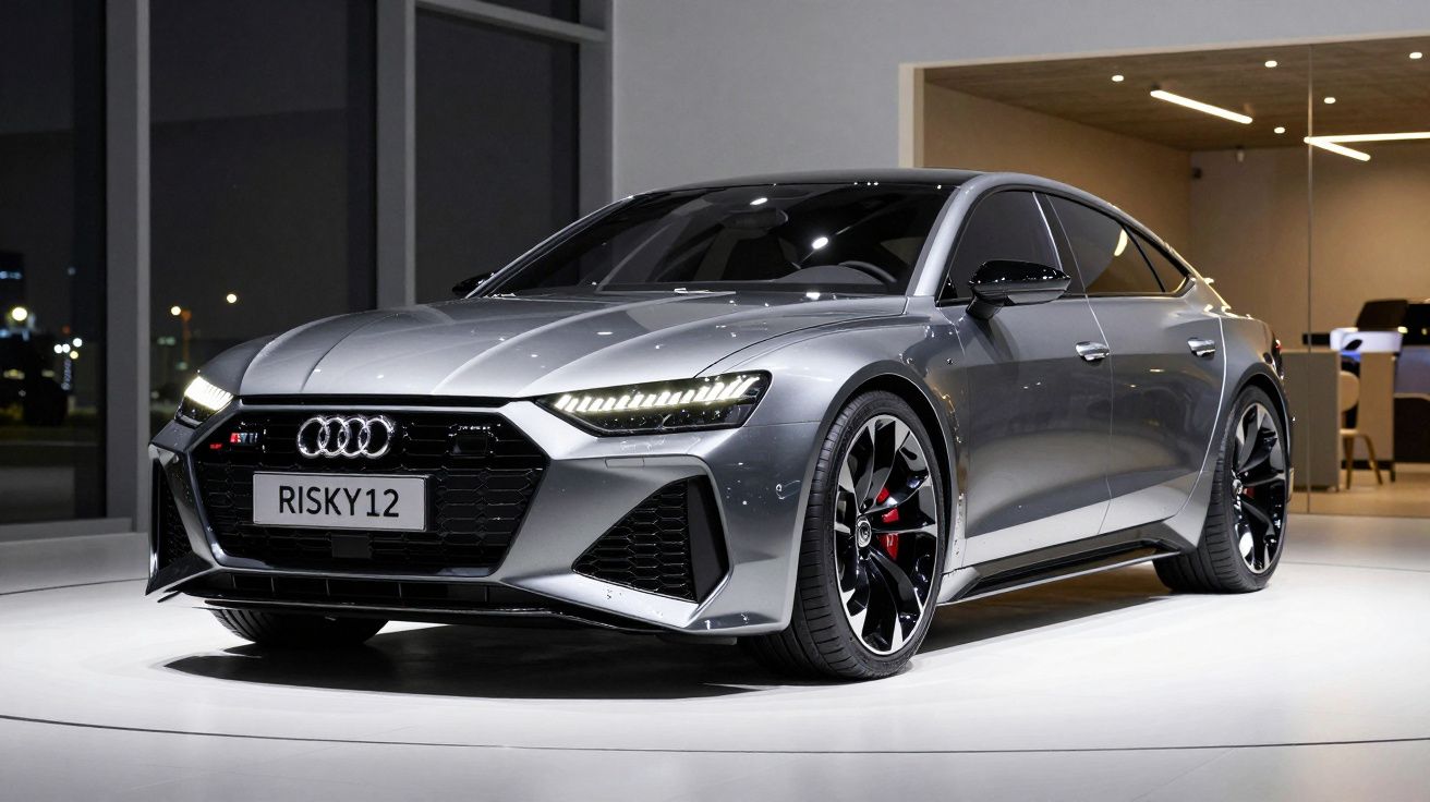 Automóvel Audi cinzento metálico com faróis acesos em exposição interior moderna.