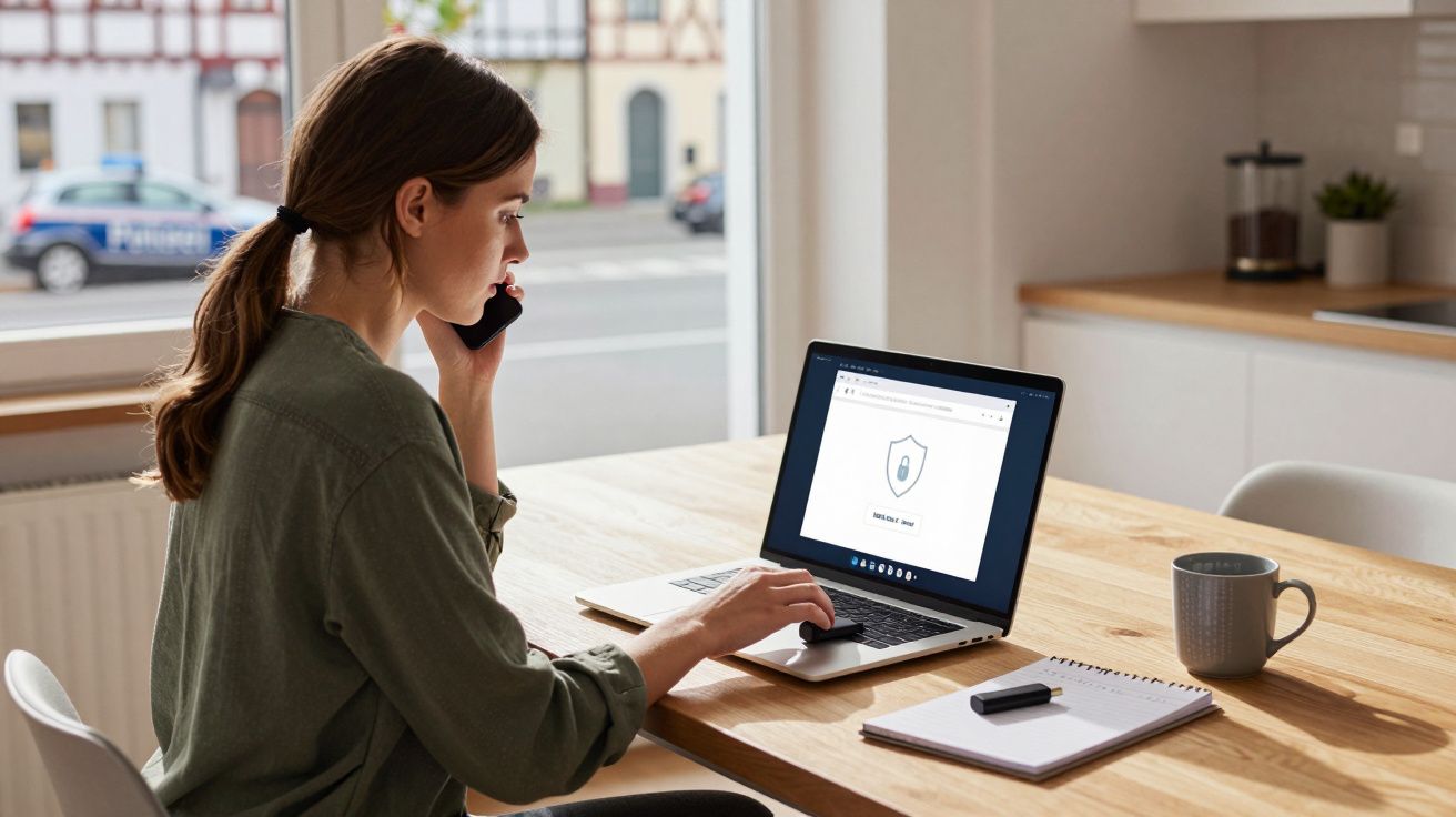 Mulher sentada numa mesa a falar ao telemóvel e a usar um computador portátil com símbolo de segurança no ecrã.
