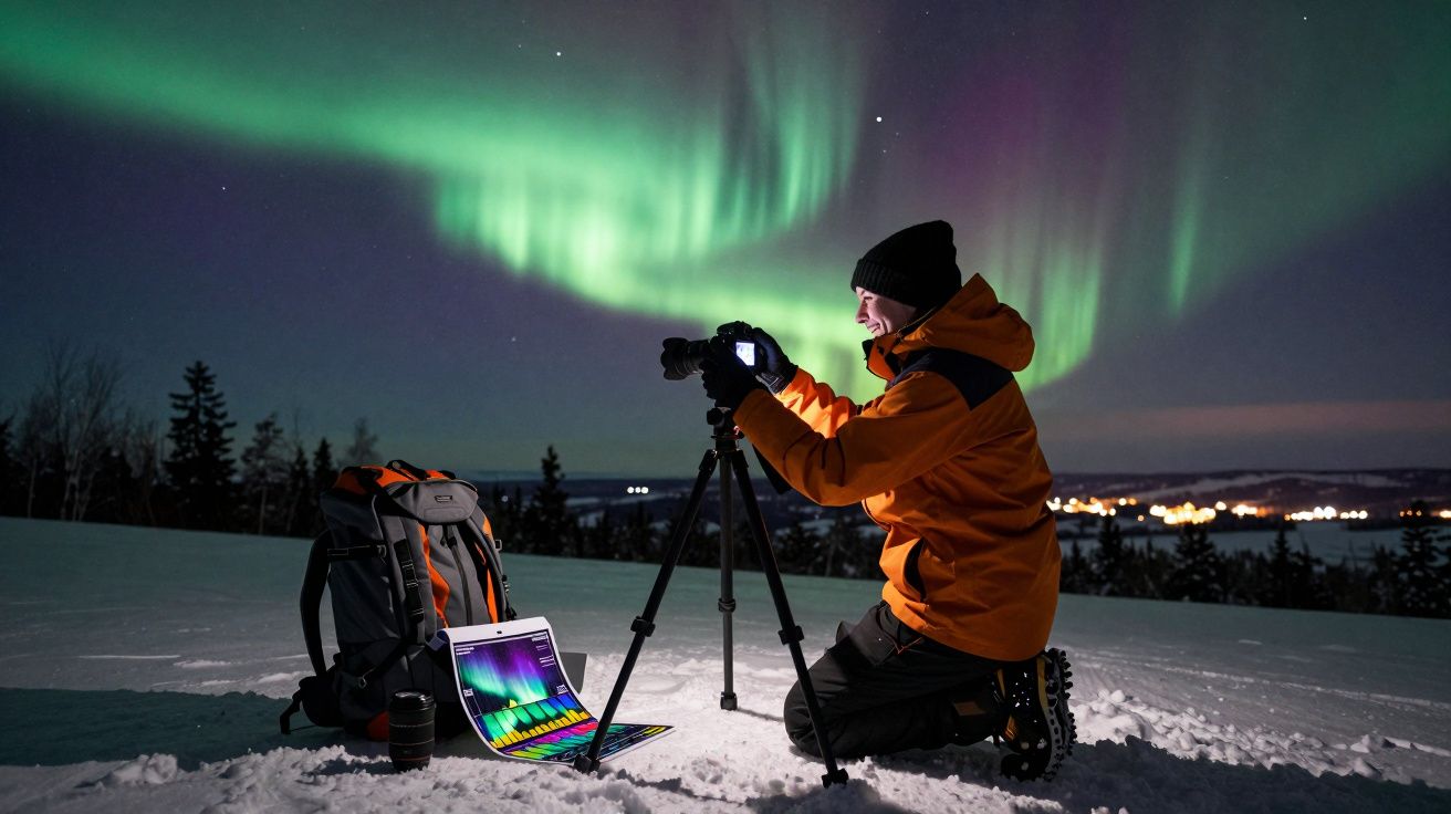 Fotógrafo com casaco laranja tira foto da aurora boreal à noite na neve, com mochila e portátil ao lado.