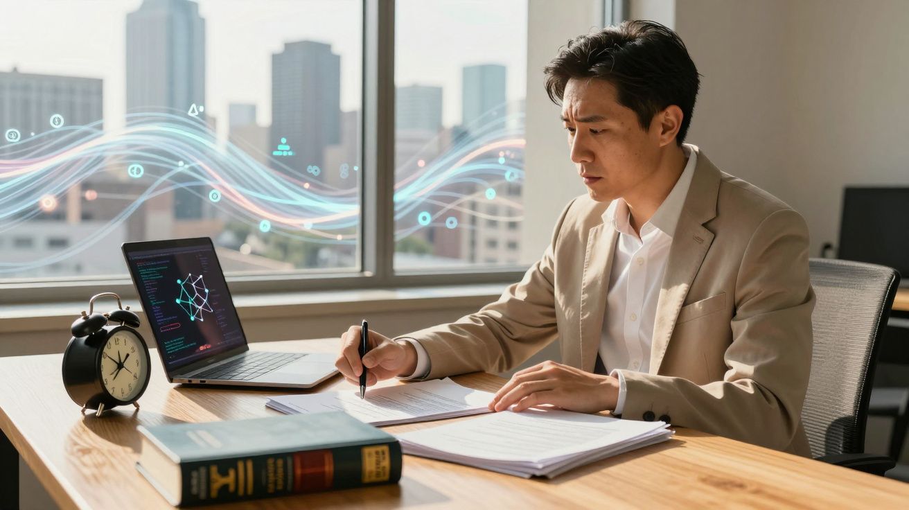 Homem a trabalhar num escritório com laptop, livros e documentos numa mesa junto a uma janela grande.