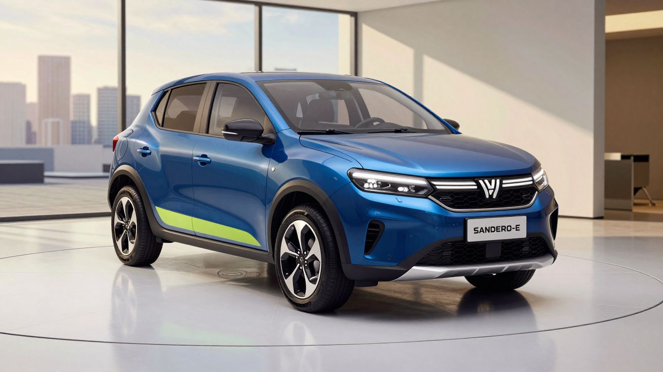 Automóvel azul elétrico Sandero-E estacionado em espaço interior moderno com janela panorâmica.