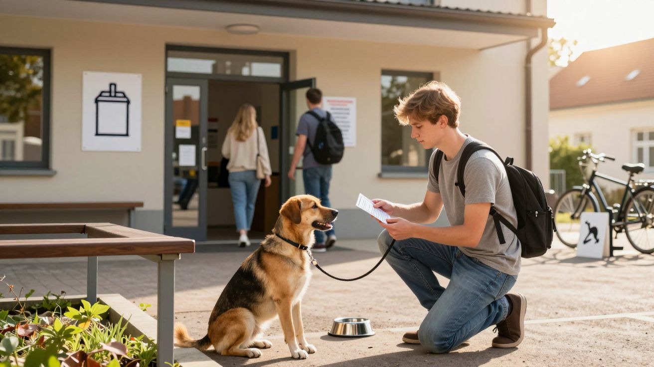 Rapaz com mochila a ler documento ajoelhado junto a cão com coleira sentado em pátio escolar.