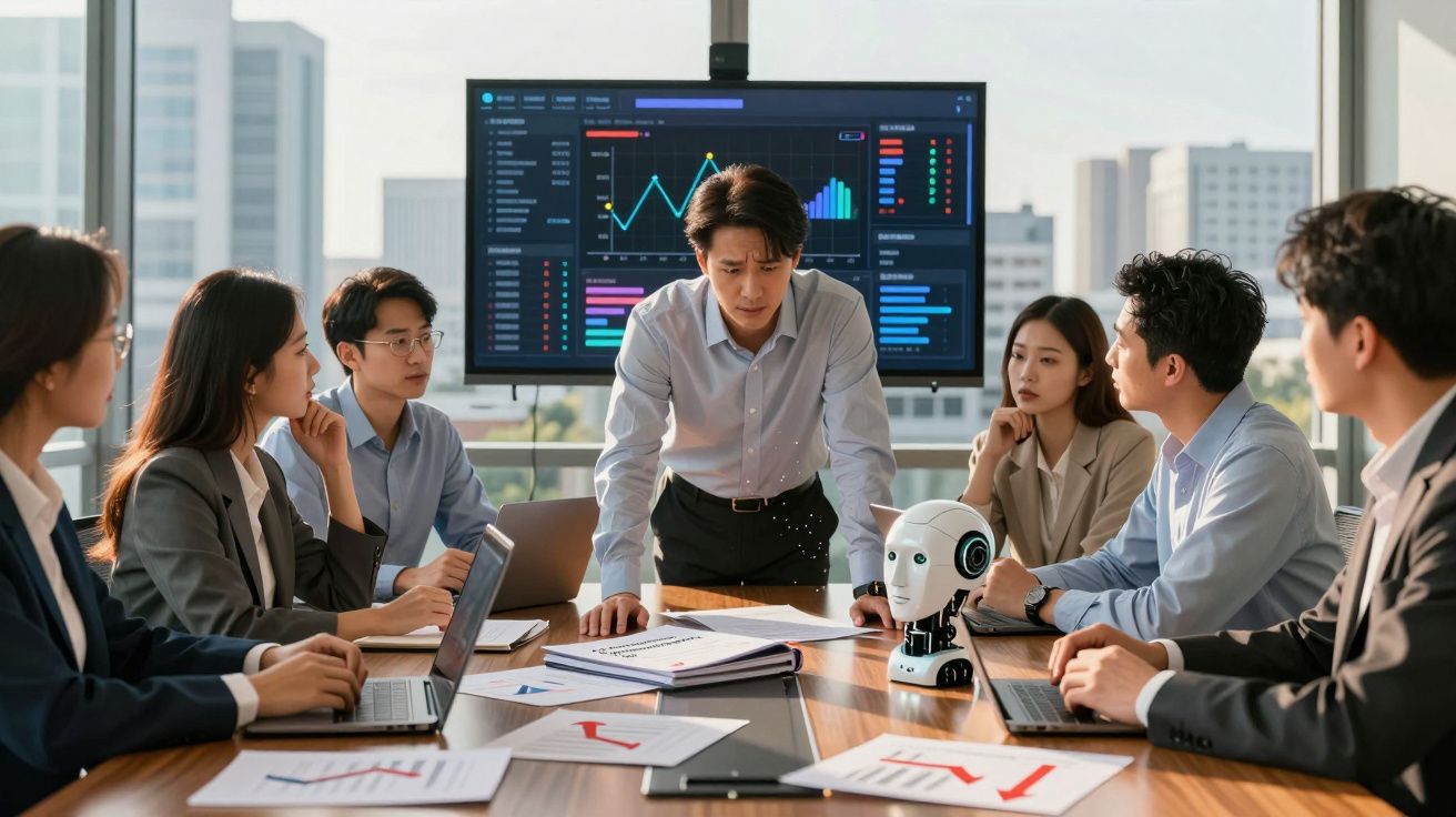 Reunião de trabalho com seis pessoas a discutir gráficos e um robô numa sala de escritório moderna.