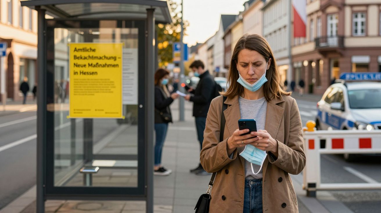 Mulher com máscara no queixo usa telemóvel numa paragem de autocarro numa rua urbana com polícia ao fundo.