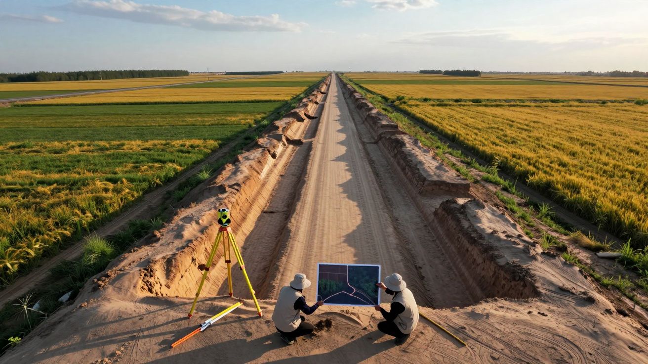Dois técnicos analisam planta num grande campo agrícola com uma estrada de terra a percorrer o meio.