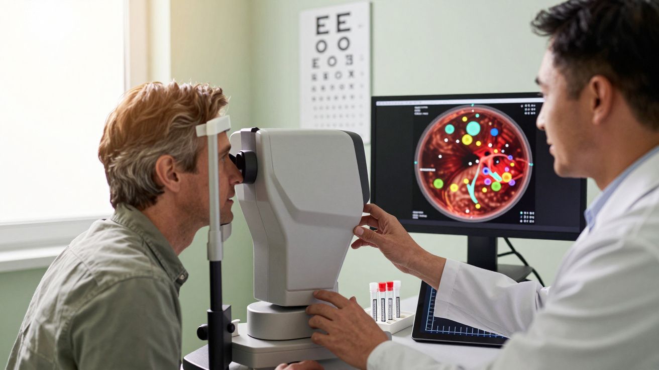 Paciente a fazer exame ocular com equipamento tecnológico enquanto médico analisa imagens no ecrã.