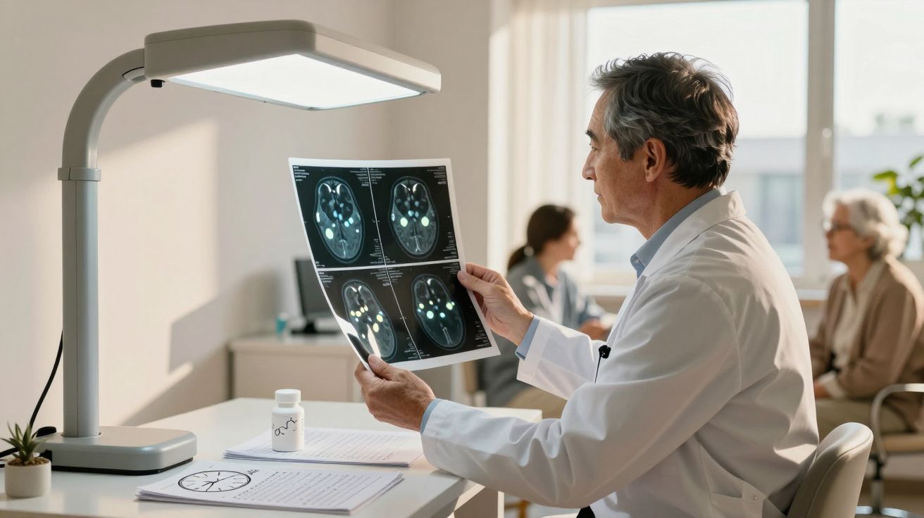 Médico a analisar exames de TAC cerebral enquanto duas pacientes aguardam consulta em consultório iluminado.