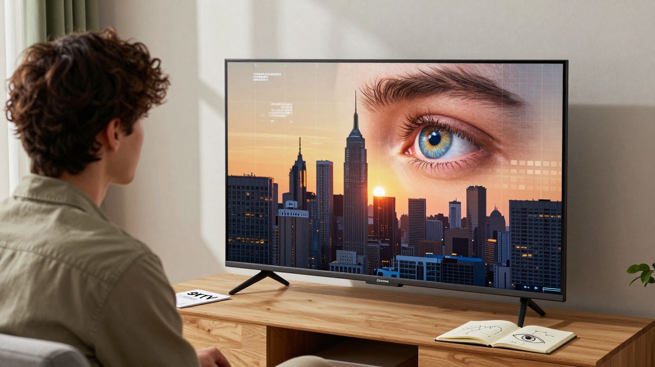 Pessoa sentada a ver televisão que mostra uma cidade ao pôr do sol com um olho humano sobreposto.