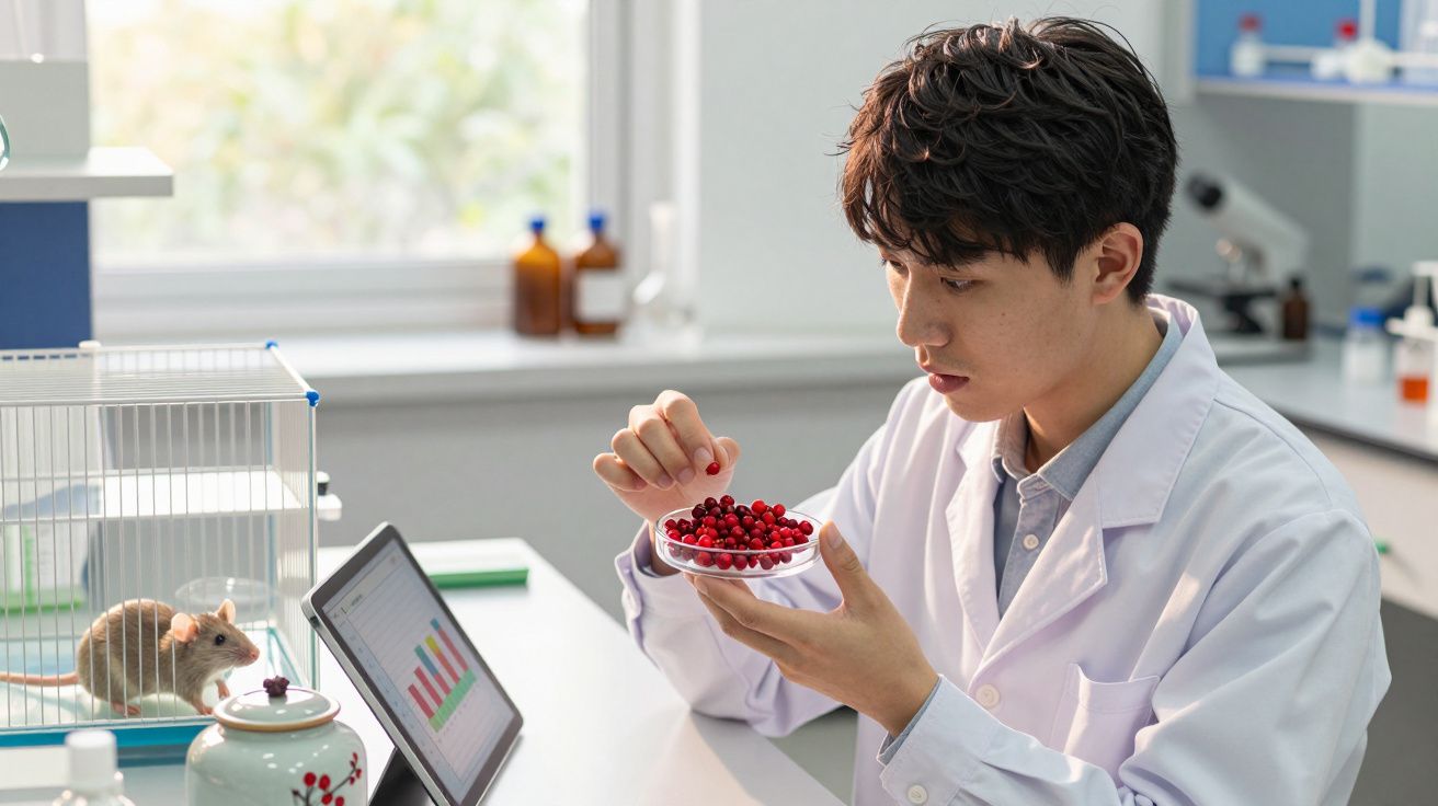 Cientista em laboratório com bata branca observa petri dish com bagas vermelhas, rato num cativeiro ao fundo.