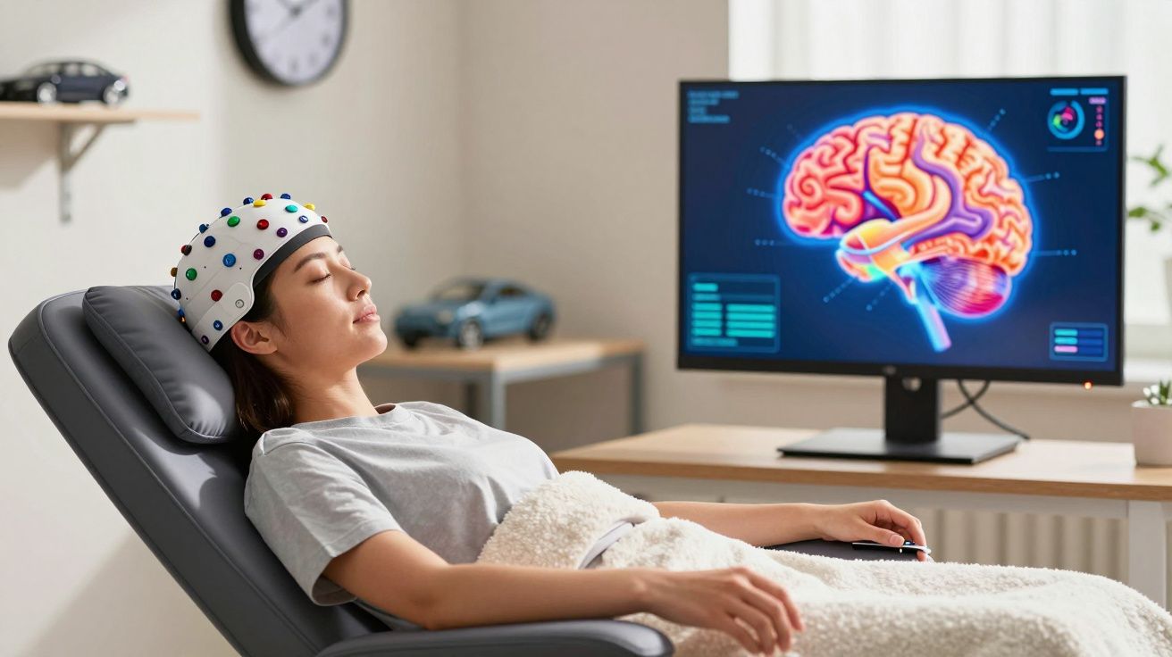 Mulher relaxa numa cadeira com touca de eletrodos, com ecrã que mostra imagem colorida do cérebro ao fundo.