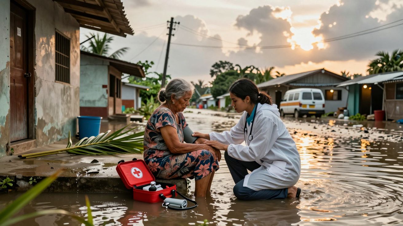 Médica a examinar senhora idosa em rua inundada ao pôr do sol com caixa de primeiros socorros aberta no chão.