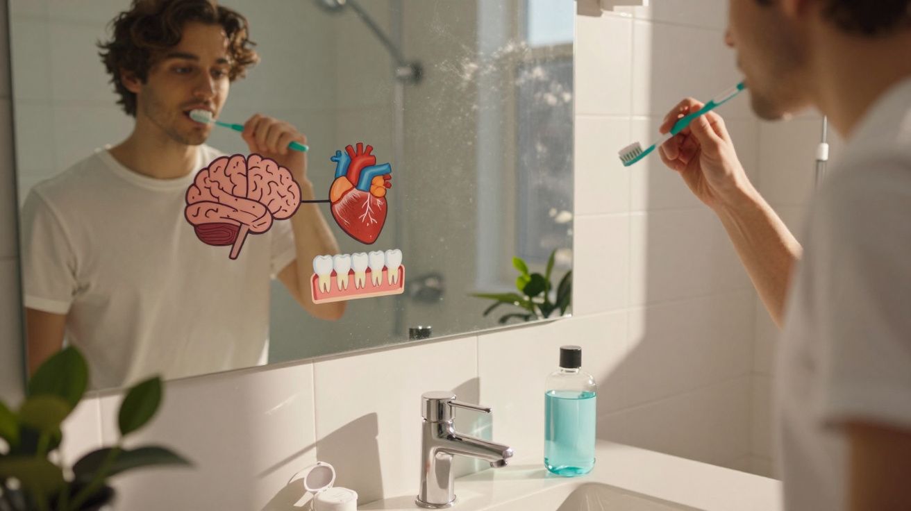 Homem a escovar os dentes frente ao espelho com desenhos de cérebro, coração e dentes colados no vidro.