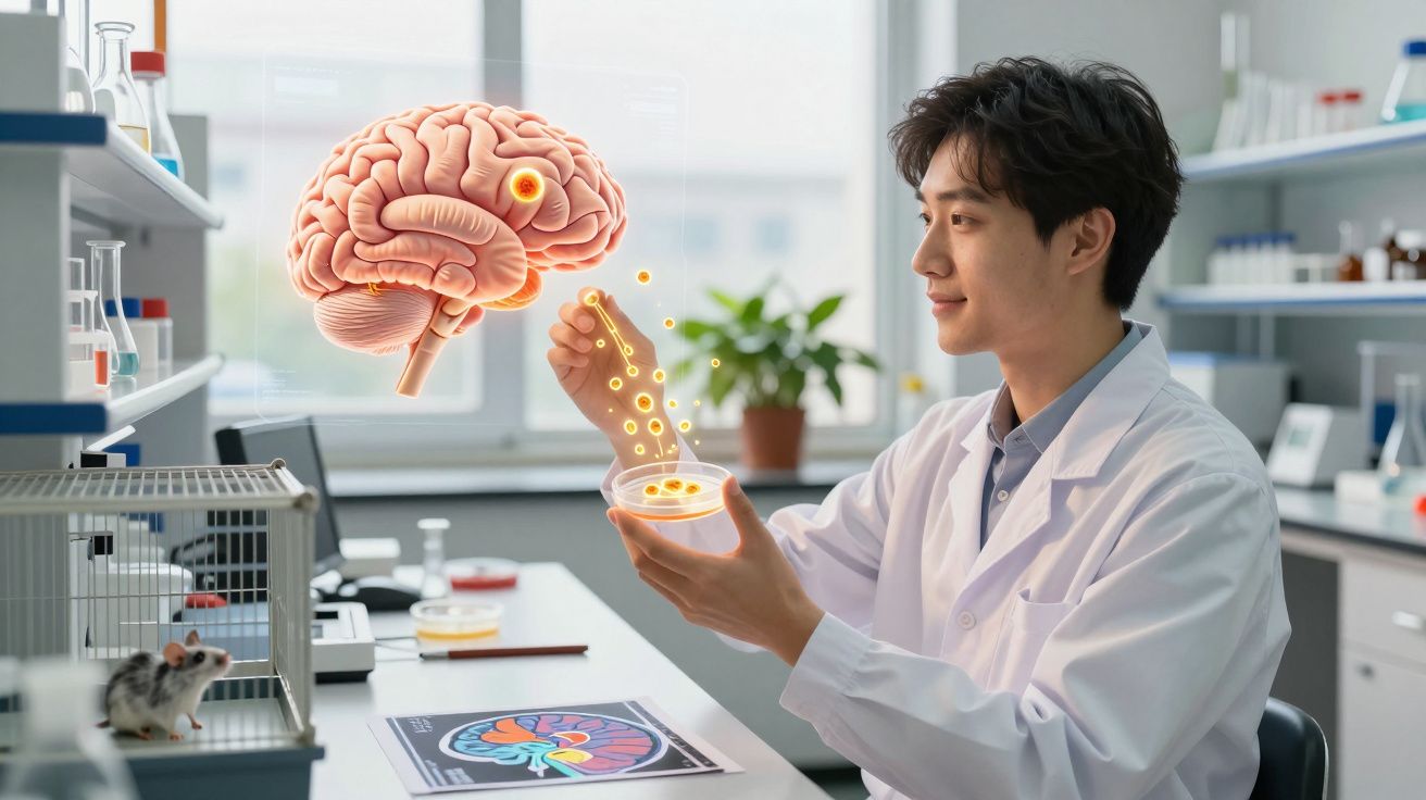 Cientista em laboratório analisa amostra numa placa de Petri com imagem digital de cérebro e rato ao lado.