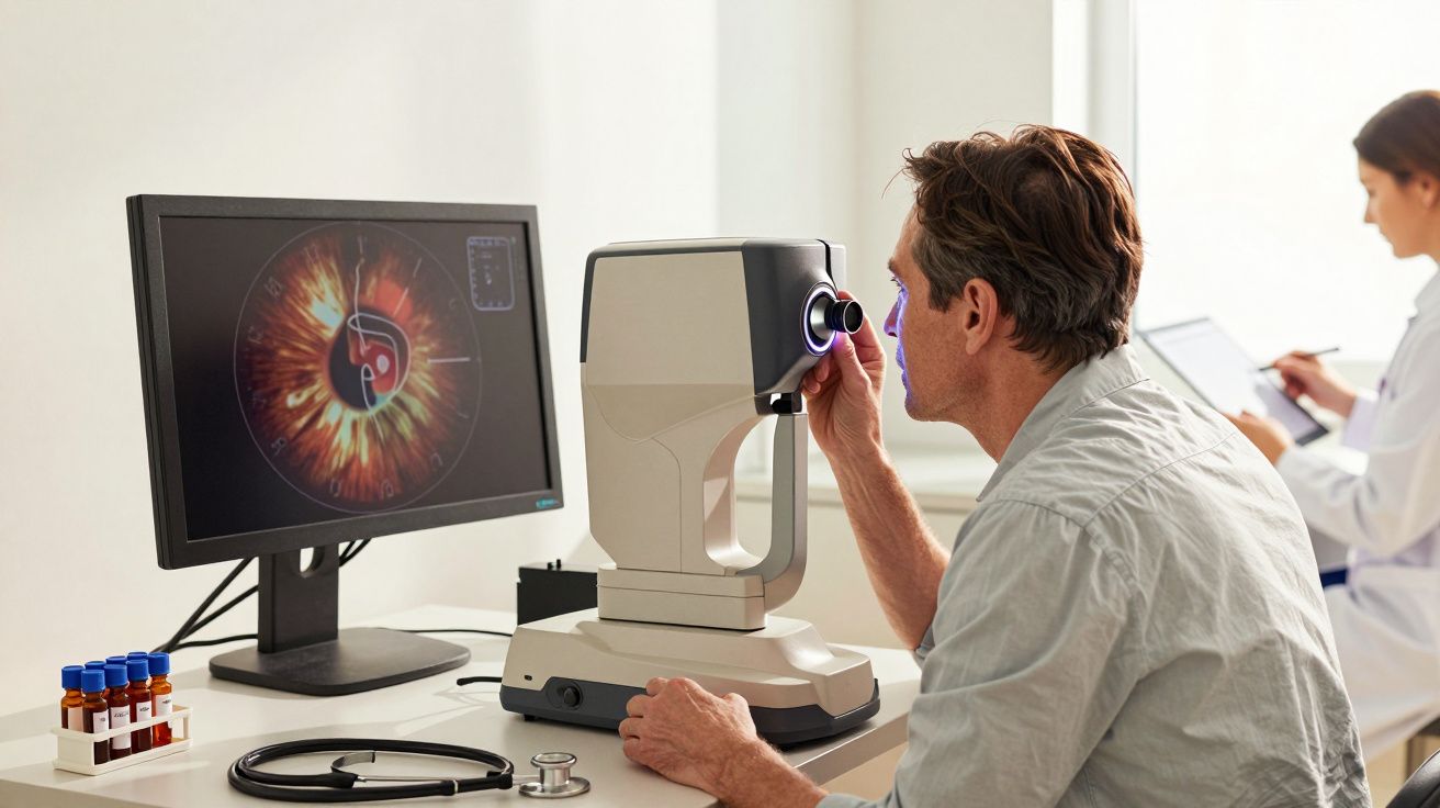 Homem a fazer exame oftalmológico com equipamento digital, enquanto médica escreve em prancheta ao fundo.