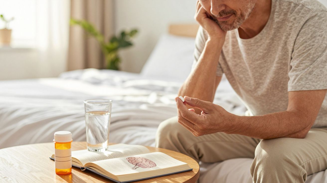 Homem sentado na cama com comprimido na mão, livro aberto e frasco de medicamento numa mesa à frente.