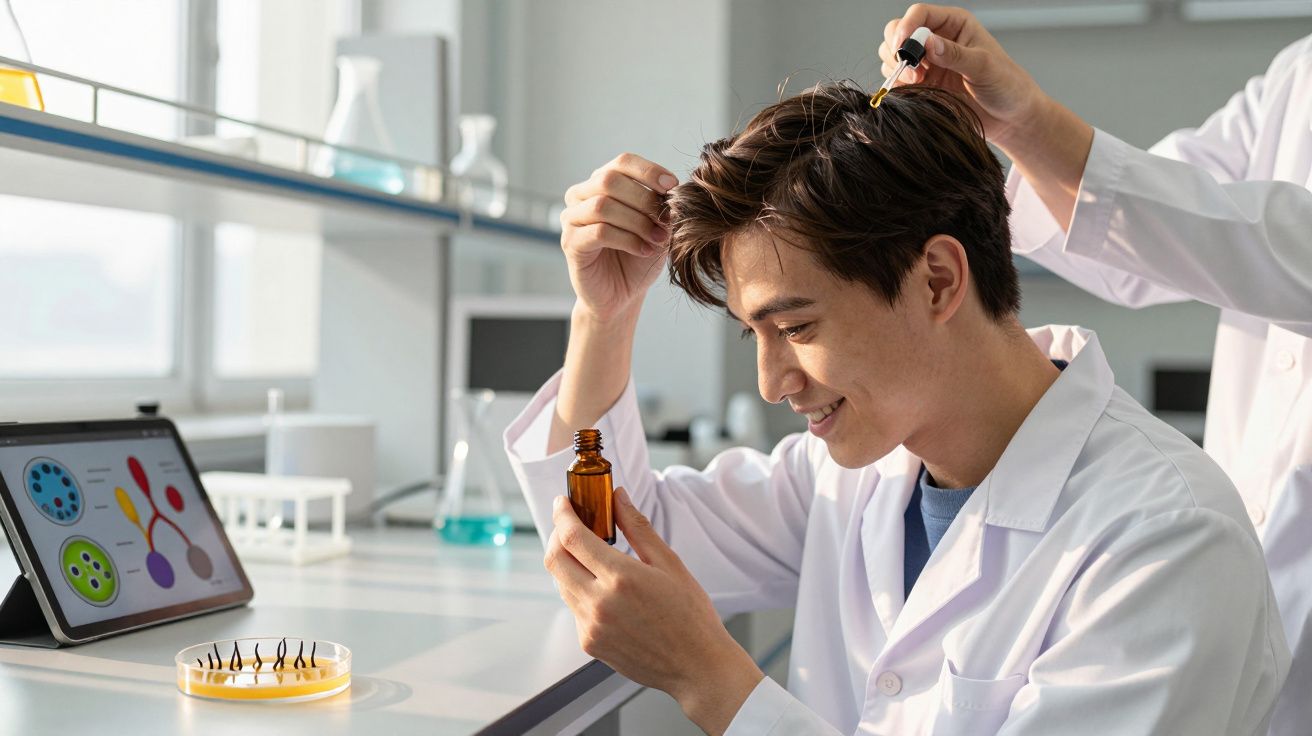 Jovem cientista aplica gotas no couro cabeludo em laboratório com tablet e placa de cultura visíveis.