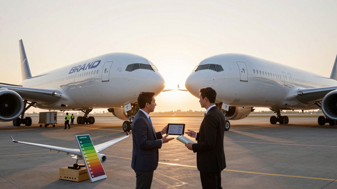 Dois homens de negócios em fatos discutem com um tablet entre dois aviões grandes ao pôr do sol no aeroporto.
