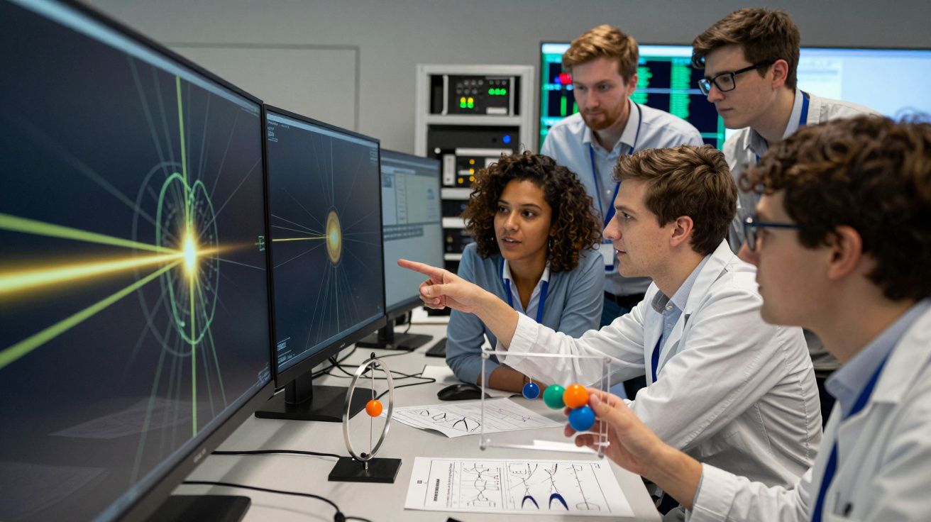 Grupo de cientistas a analisar dados em ecrãs e modelos moleculares num laboratório moderno.