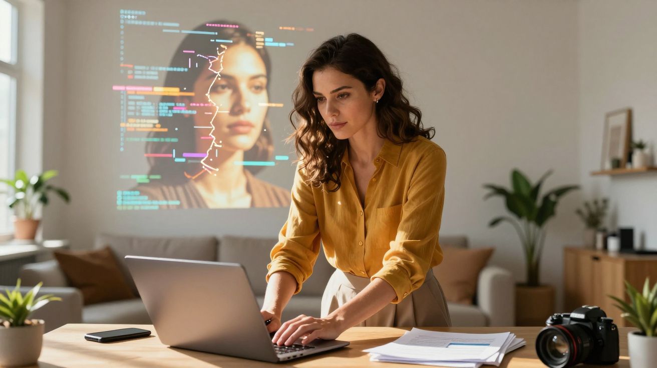 Mulher a trabalhar num portátil com projetor de reconhecimento facial numa sala moderna e iluminada.