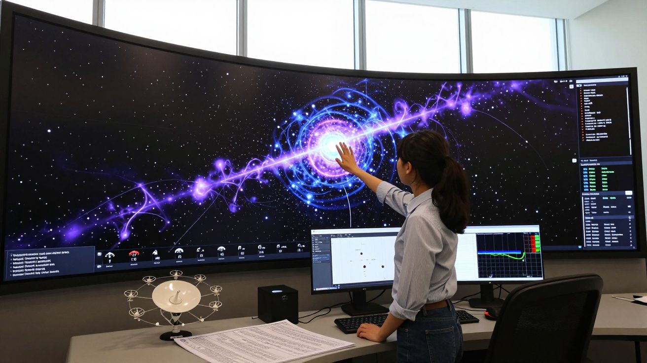 Mulher interage com visualização digital de partículas e luzes num ecrã curvo gigante em laboratório.
