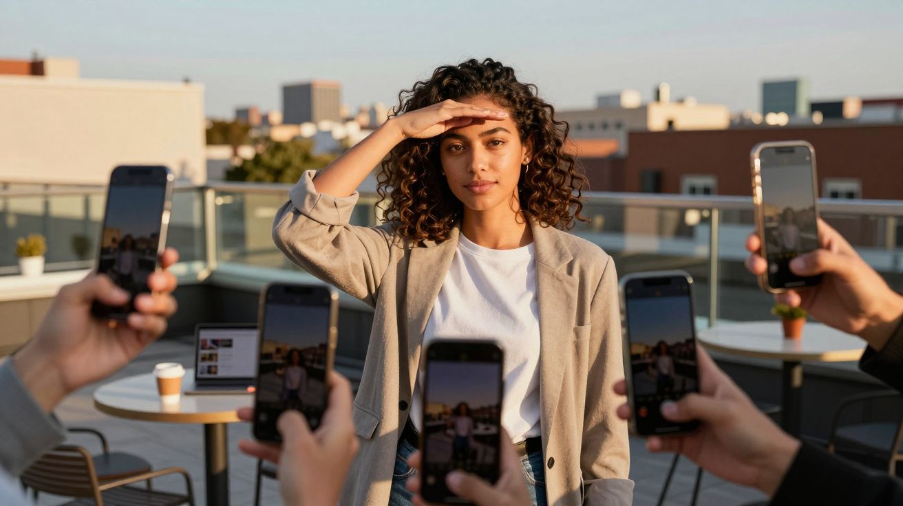 Mulher despenteada a posar para fotos em área exterior enquanto várias pessoas tiram fotos com telemóveis.