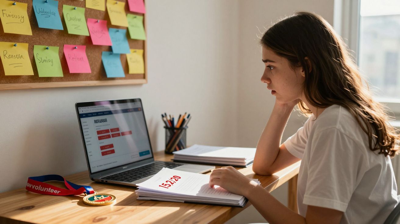 Jovem a estudar atenta a uma secretária com portátil, caderno e medalha, em ambiente de estudo organizado.